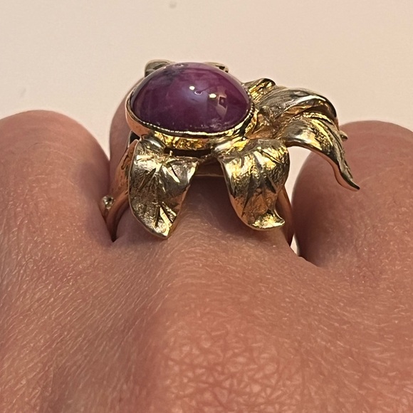 ANTIQUE 14K YELLOW GOLD MASSIVE RING "FLOWER" with "RED STAR"-RUBY, ART NOUVEAU - Picture 7 of 12